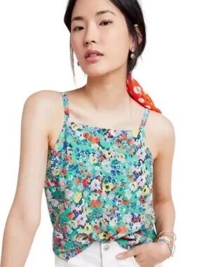 Maeve Anthropologie Quinn Green Floral Textured Camisole Top Back Cutout Size 14